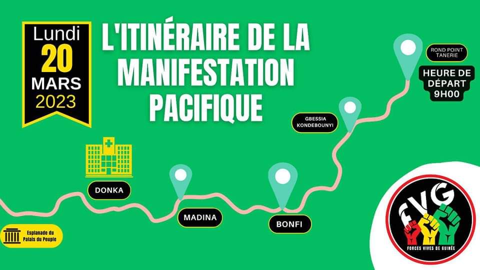 Marche pacifique du lundi 20 mars 2023: Les Forces Vives de Guinée dévoilent l'itinéraire 