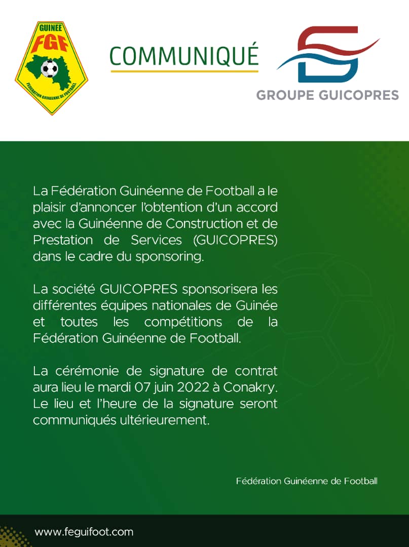Fédération Guinéenne de Football : Le GROUPE GUICOPRES   partenaire officiel  ! 